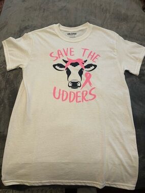 Gildan White Tee with Pink 'Save The Udders' Cow Graphic